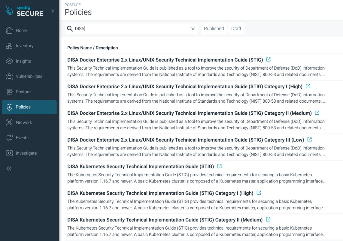 DISA STIG compliance for Docker and Kubernetes with Sysdig Secure