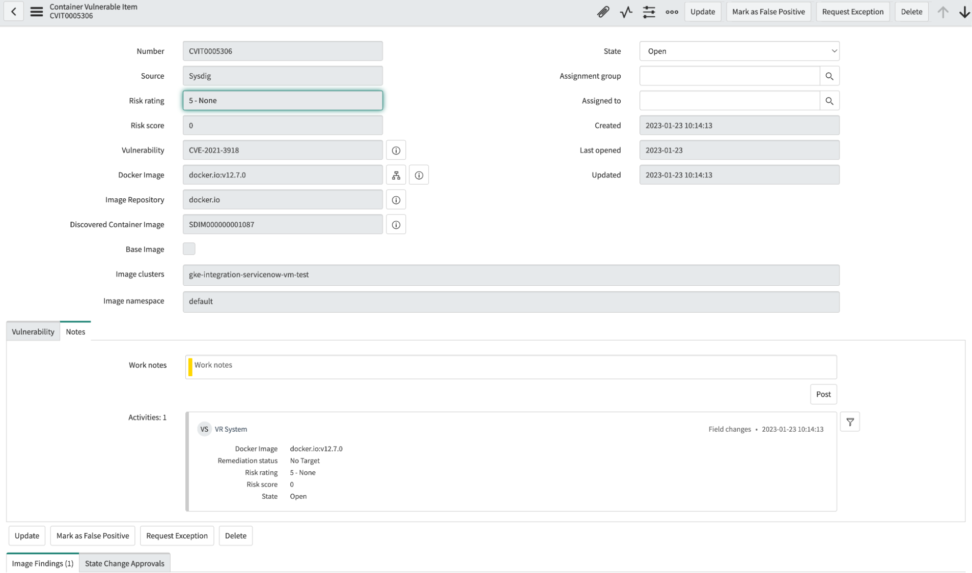 Sysdig Secure/ServiceNow CVR