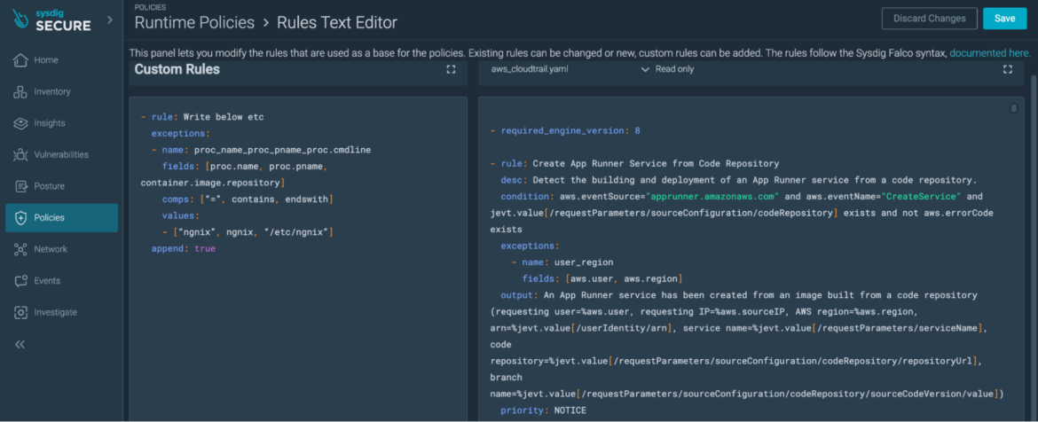 Sysdig Secure Rule Text Editor