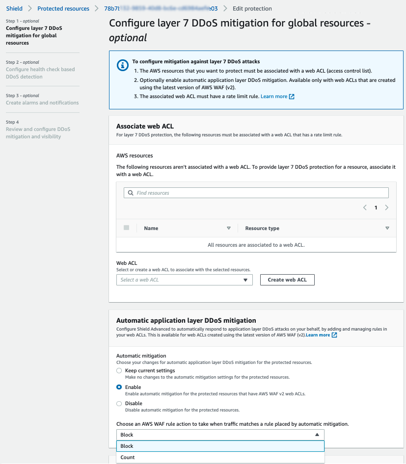DDoS mitigation configuration settings screen.