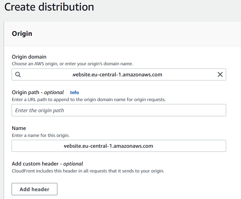 AWS CloudFront console Origins section.