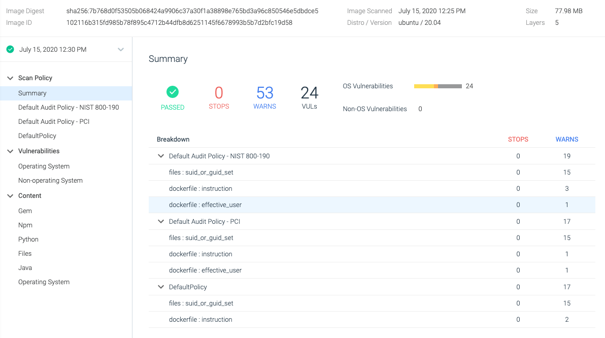 Scan results of a image based on a distro image. The image size is around 80 megabytes and there are 53 warnings and 24 vulnerabilities.