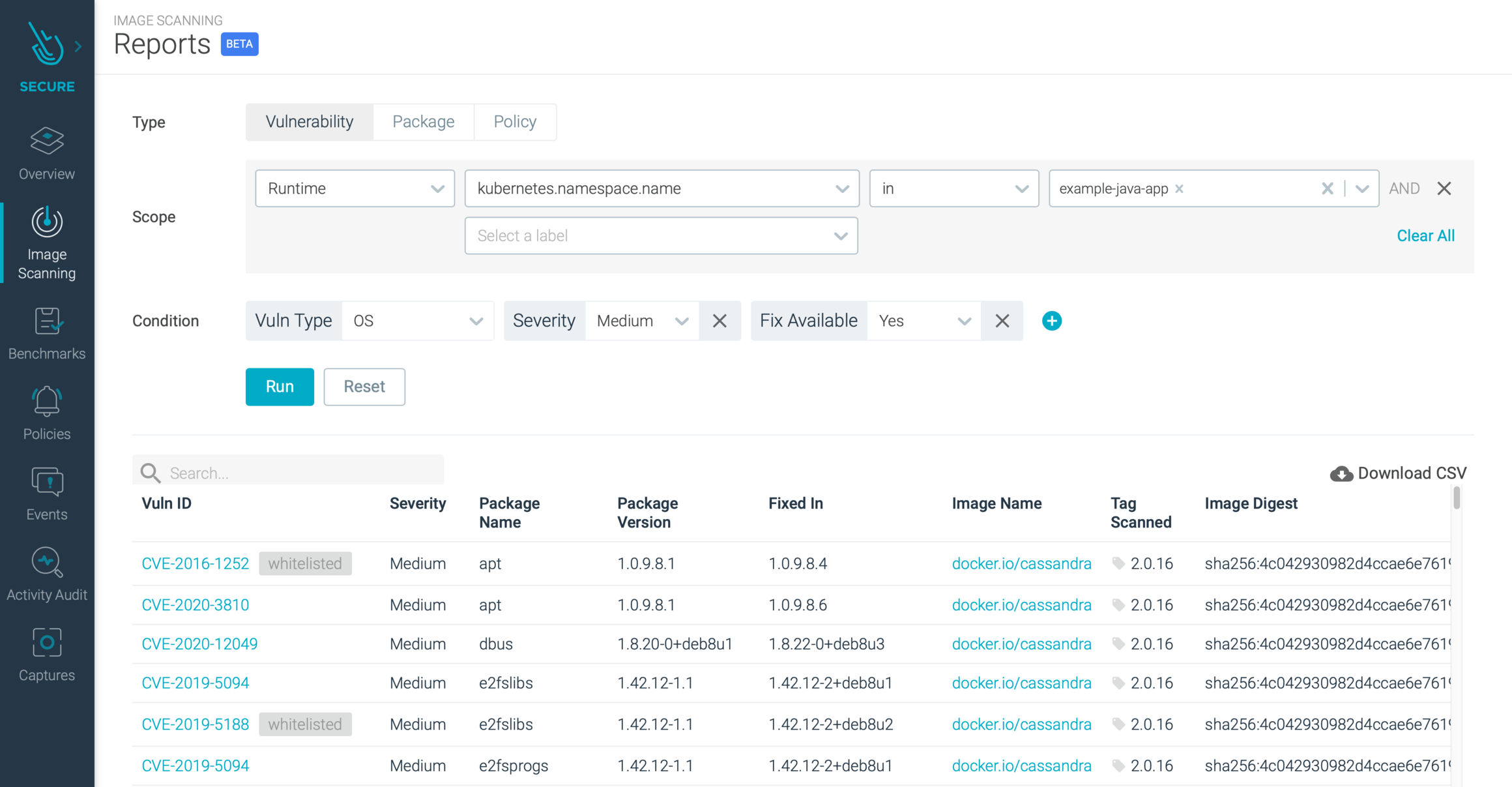 A report of vulnerabilities found on running images with a fix available.