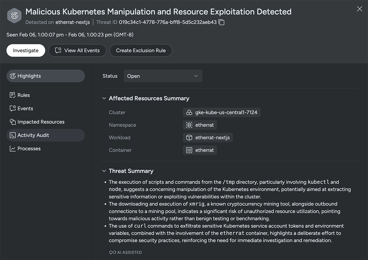 Sysdig threat insight with AI summary