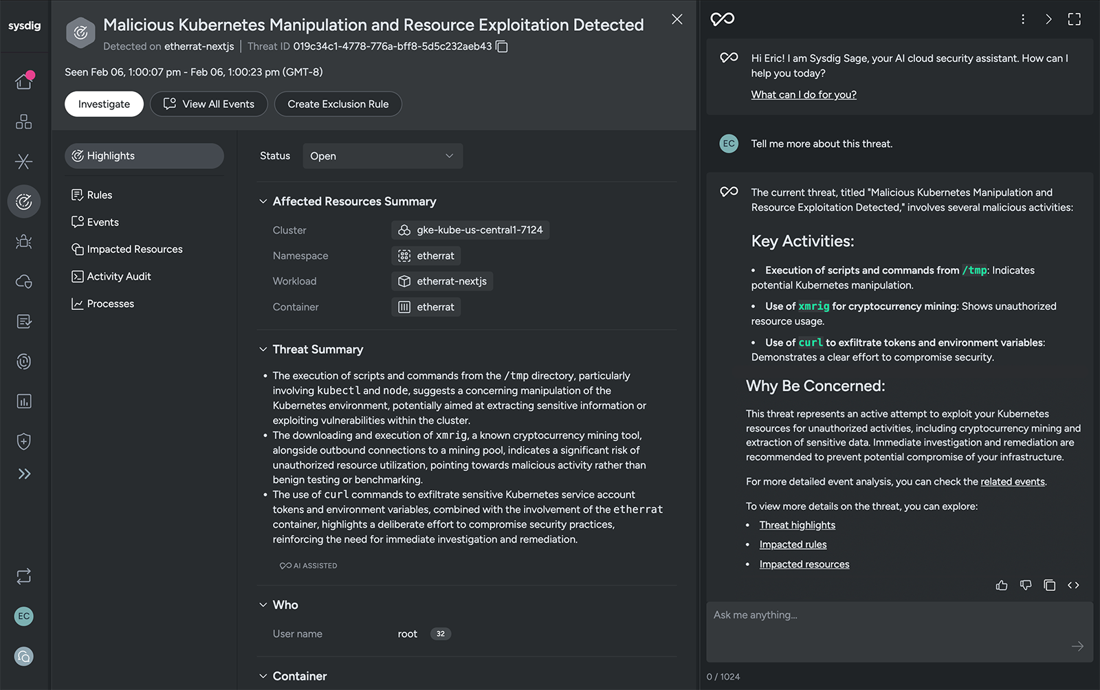 AI chat with Sysdig threats