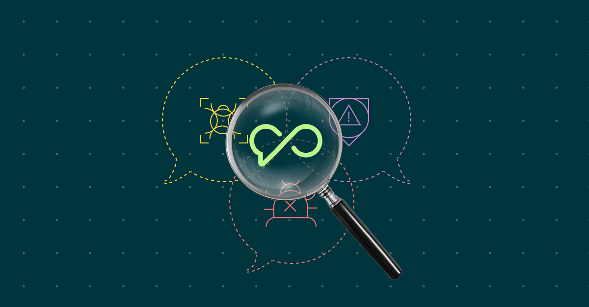 A deep sea background with a magnifying glass showing the infinity logo for Sysdig Sage