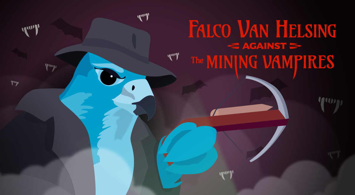 Halloween-themed Sysdig illustration titled 'Falco Van Helsing against The Mining Vampires' featuring the blue Falco bird mascot dressed as a vampire hunter wearing a wide-brimmed hat and holding a crossbow, set against a dark red misty background with bats and floating vampire fangs.