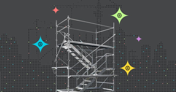Conceptual illustration for cloud infrastructure featuring a metal scaffolding structure with stairs against a pixelated city skyline background, surrounded by colorful diamond-shaped icons representing connected infrastructure components.