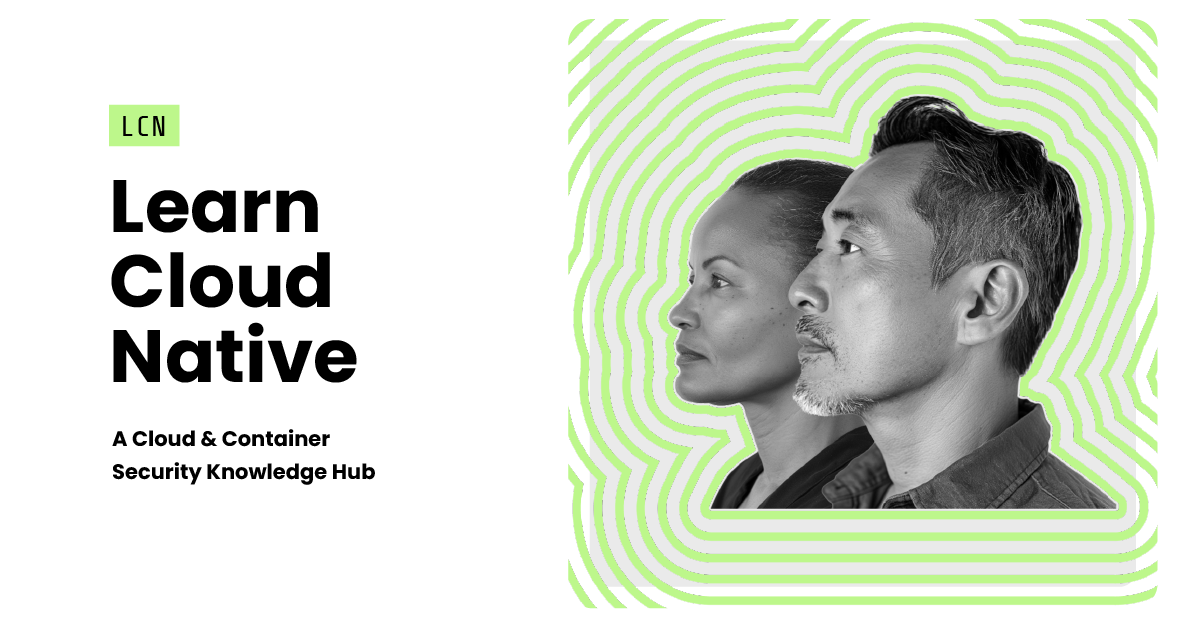 Sysdig Learn Cloud Native graphic for the LCN cloud and container security knowledge hub, featuring a black and white portrait of a woman and a man in profile against a green concentric ripple pattern on a white background.