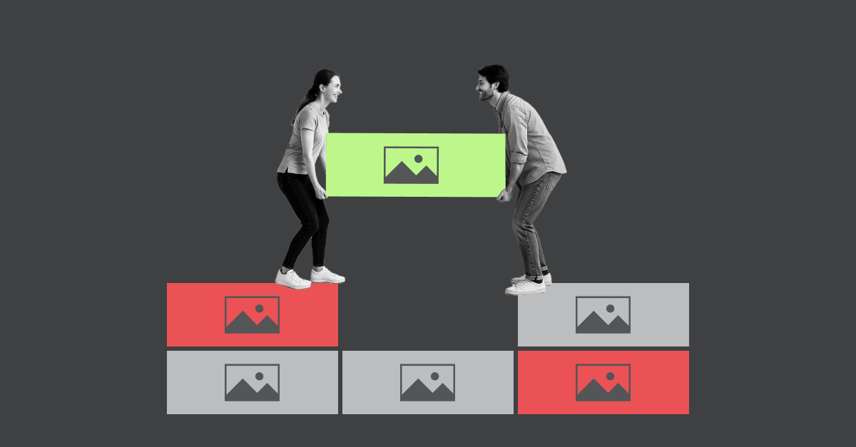 Blog graphic for closing the cloud security gap showing a woman and a man in grayscale standing on opposite stacks of blocks and working together to lift a green block into the gap between them, representing collaboration to bridge security gaps.