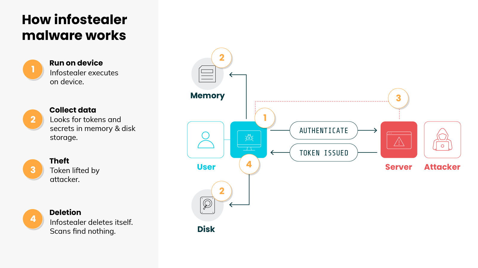 Diagram titled 'How infostealer malware works', with a numbered four-step legend on the left in a gray panel and a corresponding flow illustration on the right. The legend lists step 1, 'Run on device', infostealer executes on device; step 2, 'Collect data', looks for tokens and secrets in memory and disk storage; step 3, 'Theft', token lifted by attacker; and step 4, 'Deletion', infostealer deletes itself, scans find nothing. In the illustration, a blue 'User' icon connects to a central blue infostealer node marked 1, which links upward to a 'Memory' node and downward to a 'Disk' node, both marked 2. From the central node, arrows labeled 'AUTHENTICATE' and 'TOKEN ISSUED' run between the user and a red 'Server' icon, with a red 'Attacker' figure beside it marked 3. A dotted red line traces from the server area back toward the central node, which is also marked 4 for the deletion step.