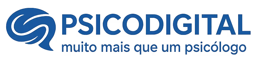 Logo azul da Psicodigital com um ícone estilizado de cérebro e o slogan 'muito mais que um psicólogo' em um fundo cinza.