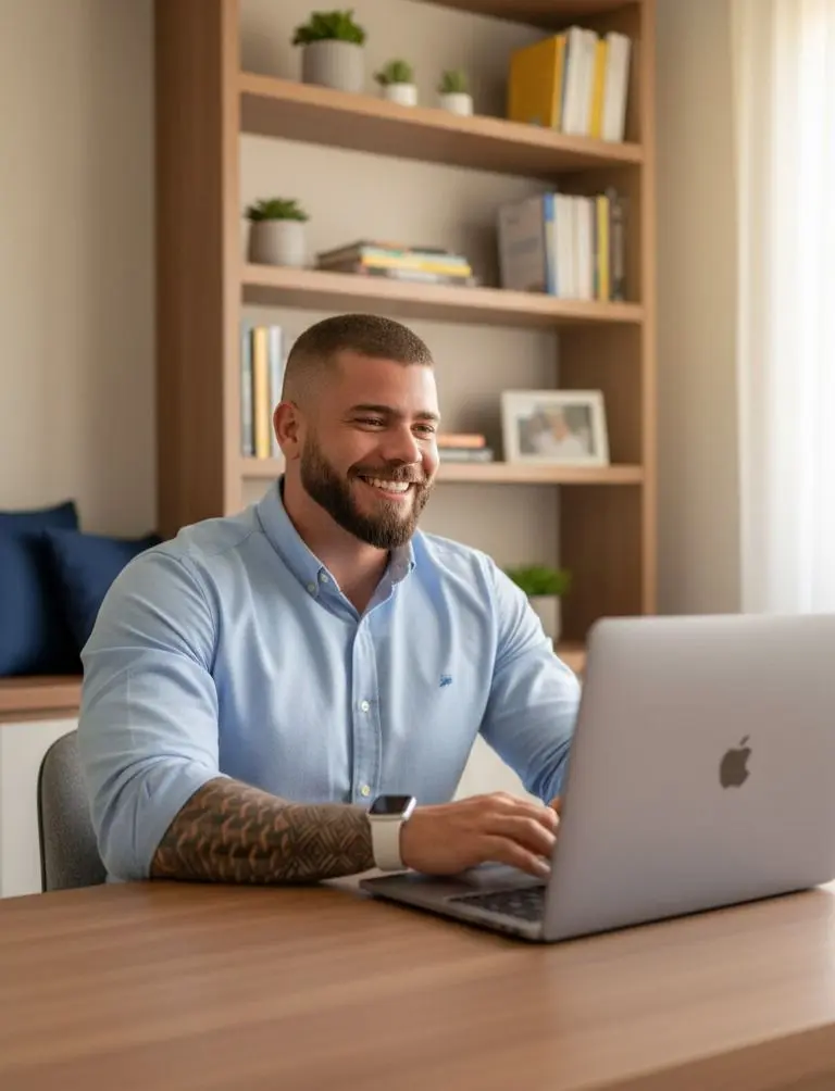 Homem sorridente com barba usando um laptop em uma mesa de madeira em um ambiente com estantes de livros e plantas em vasos.