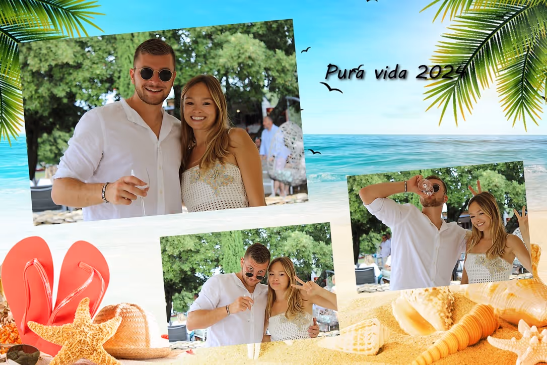 Montage de photos d'un couple souriant à la plage avec des palmiers, des coquillages, des tongs rouges et un chapeau de paille