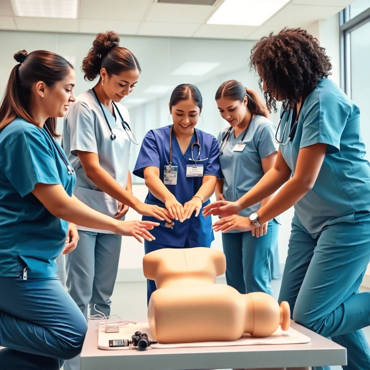 A group of nurses in scrubs practicing CPR on a mannequin in a bright, modern healthcare training room.