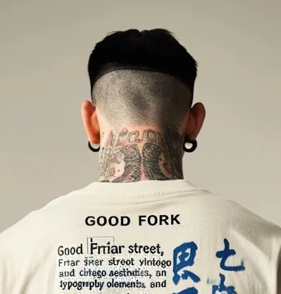 The back of a man with tattoos on his neck.