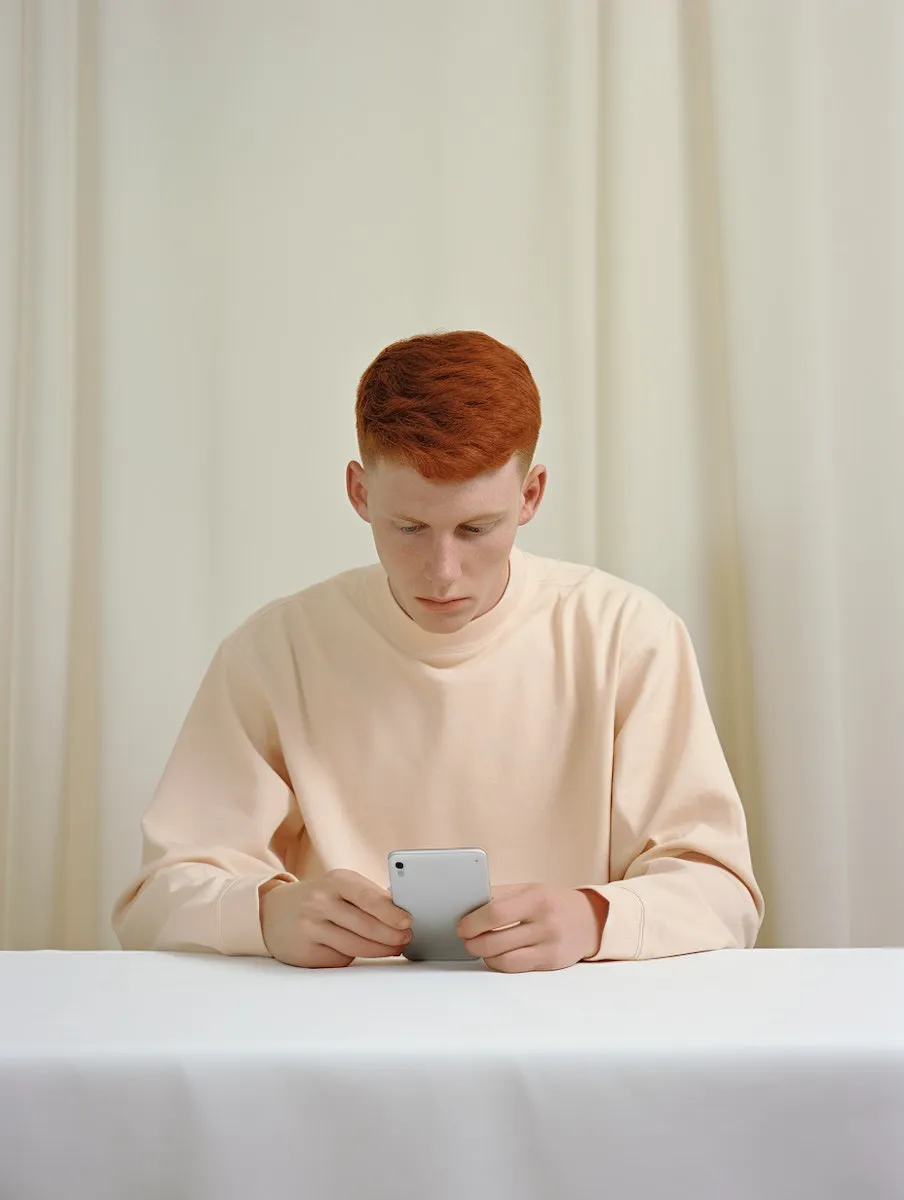 A man sitting at a table looking at a cell phone.