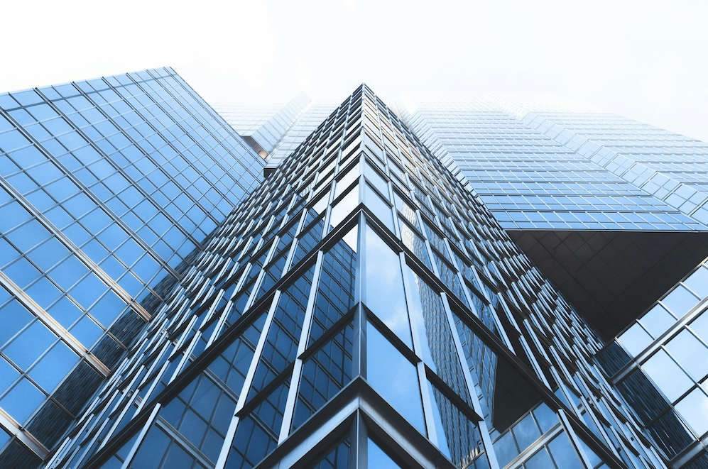 An office building seen from below