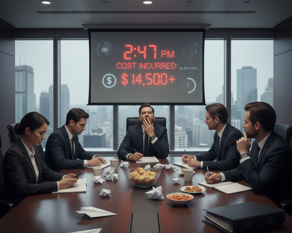 Clearwork intelligence - people sitting around a conference room table bored and losing money