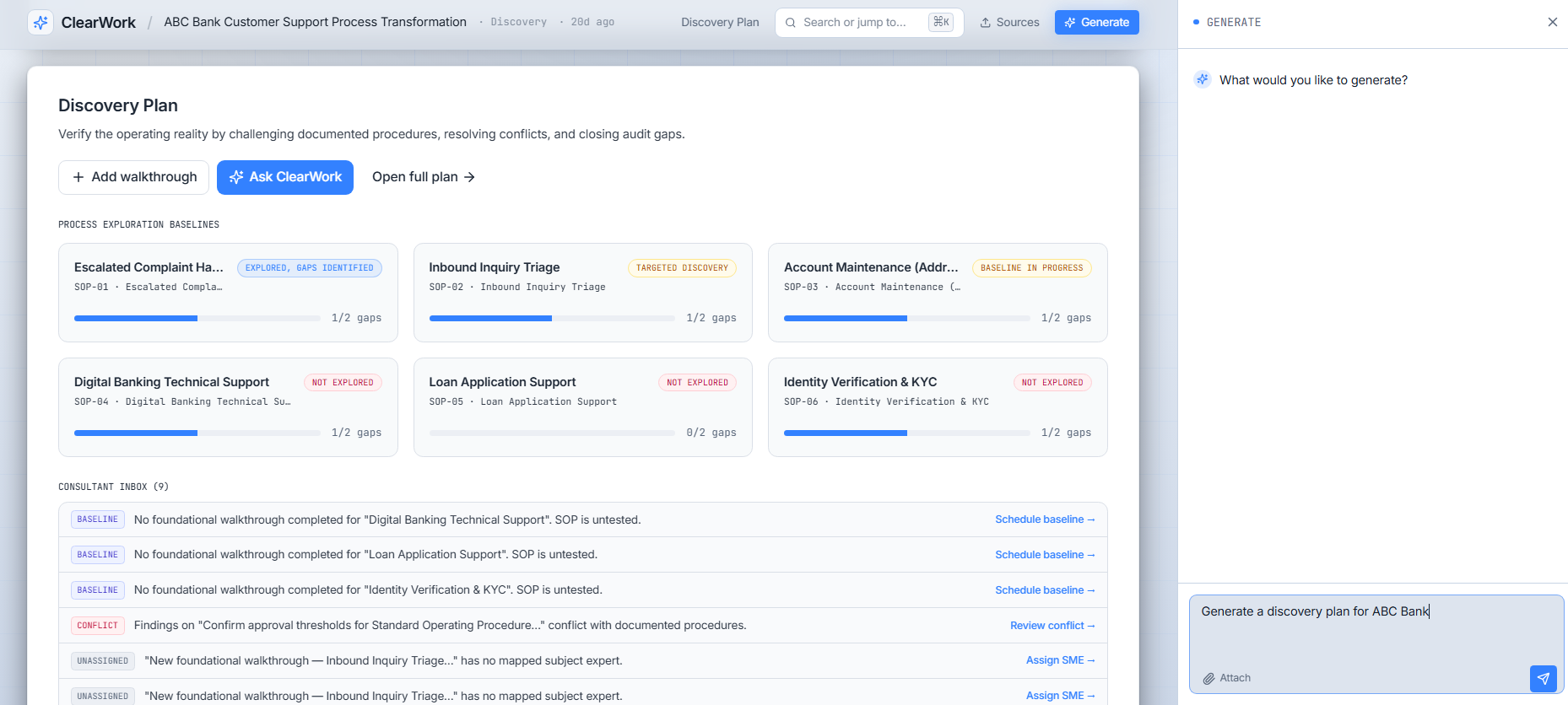 ClearWork discovery plan dashboard showing process baselines, gaps, and generated discovery actions