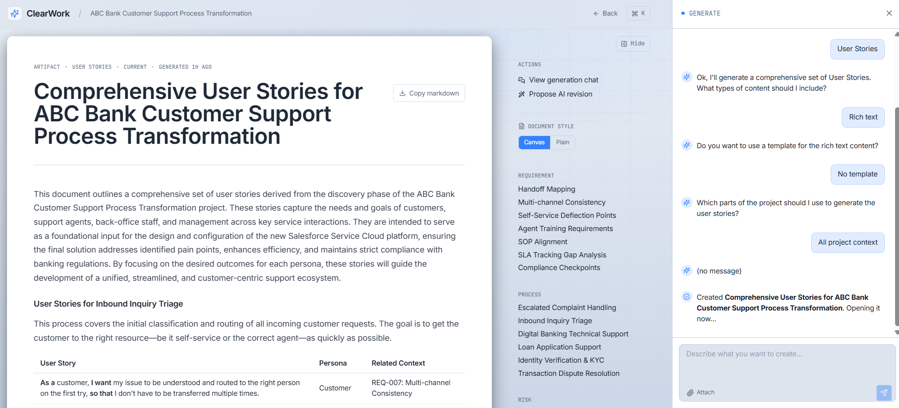 ClearWork generate panel creating user stories and rich deliverables from project knowledge