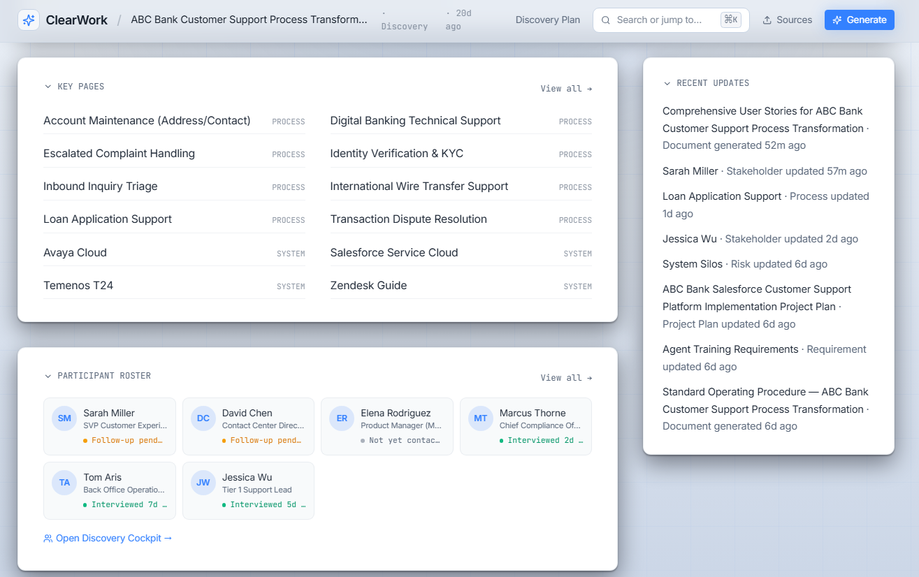 ClearWork centralized intelligence screen showing organized project knowledge, pages, stakeholders, and updates