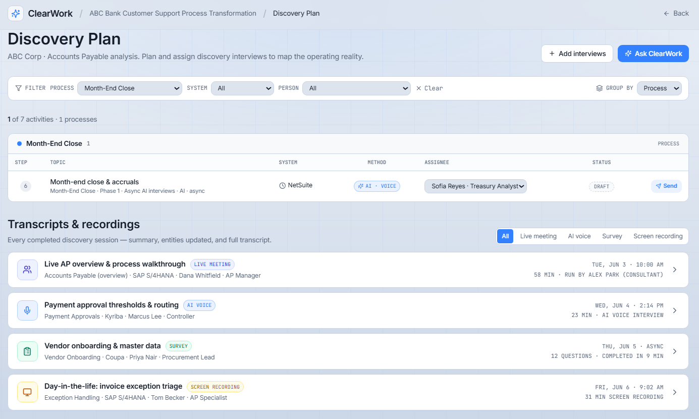 ClearWork automated discovery plan screenshot showing a simple generated discovery plan interface
