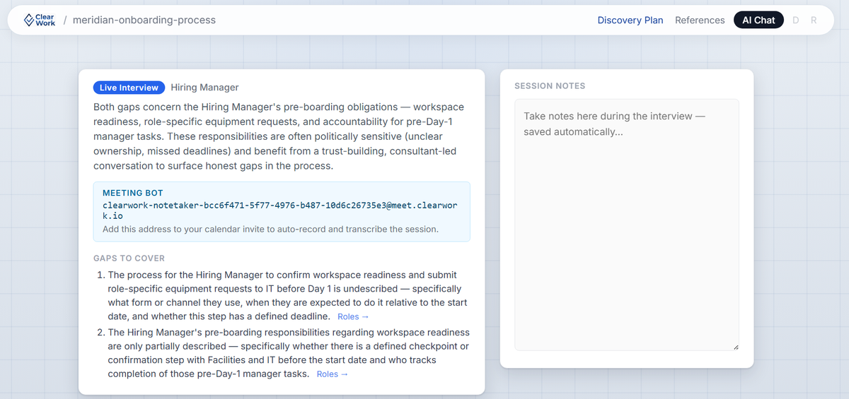 ClearWork live human-led interview with session notes and note-taker bot
