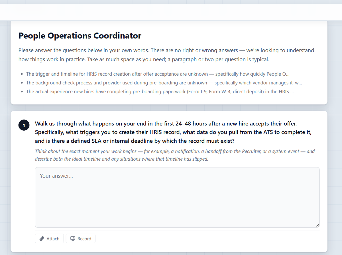 ClearWork structured discovery questionnaire with screen-share walkthrough
