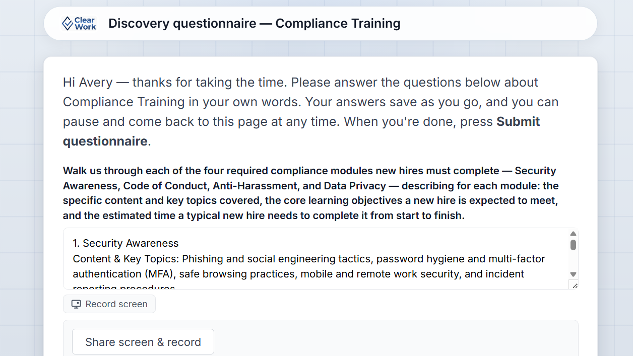 Structured questionnaire with a screen-recording walkthrough request, as the subject-matter expert sees it