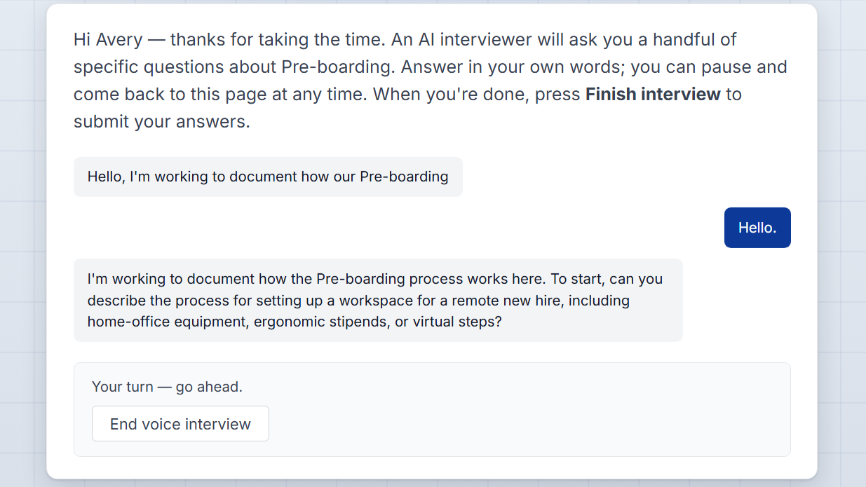 An AI dynamic interview in progress by voice or chat, following up on the respondent's answers