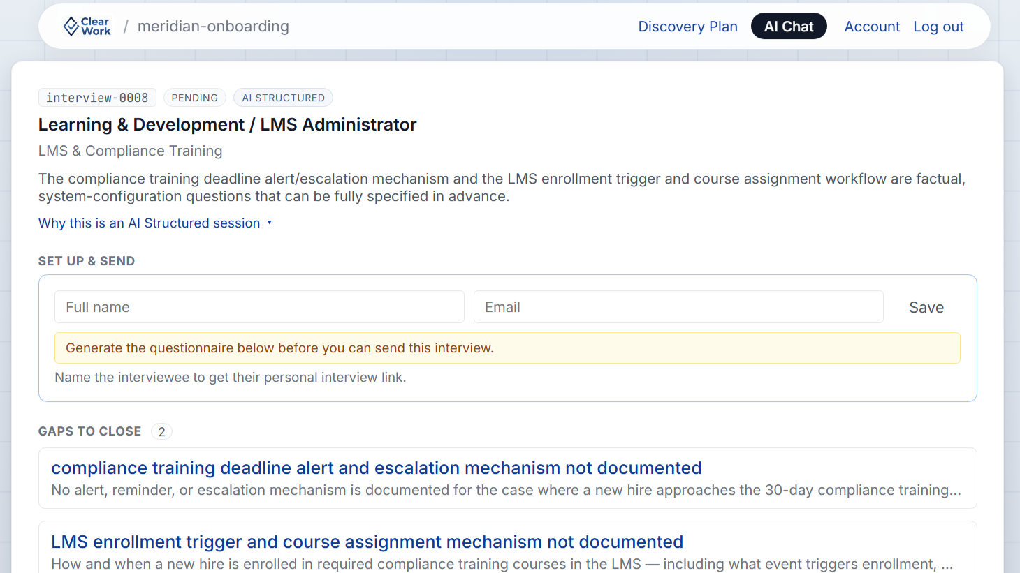 Interview assignment table showing topics, methods, respondents and status