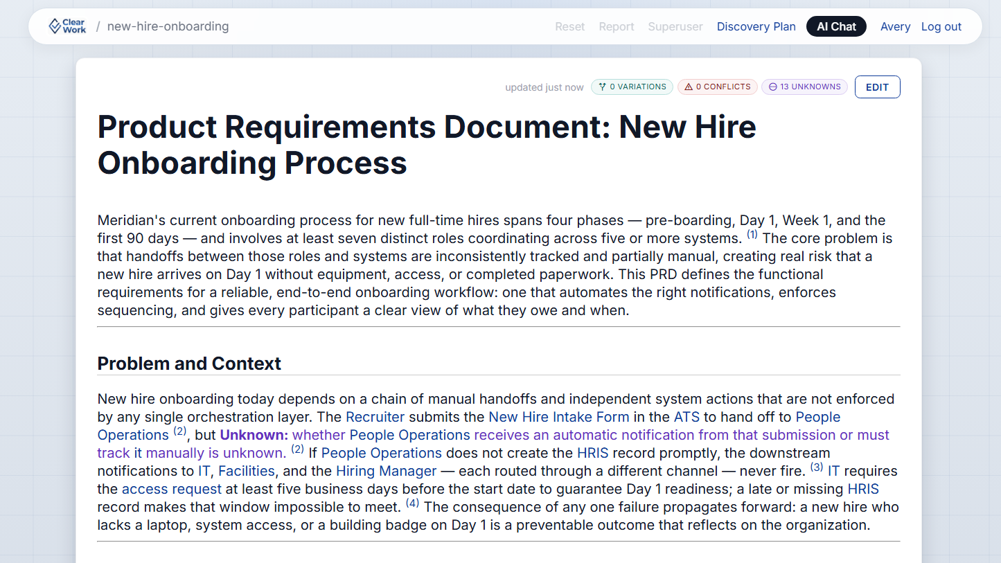 Product requirements document generated by ClearWork, with source citations and open-question flags