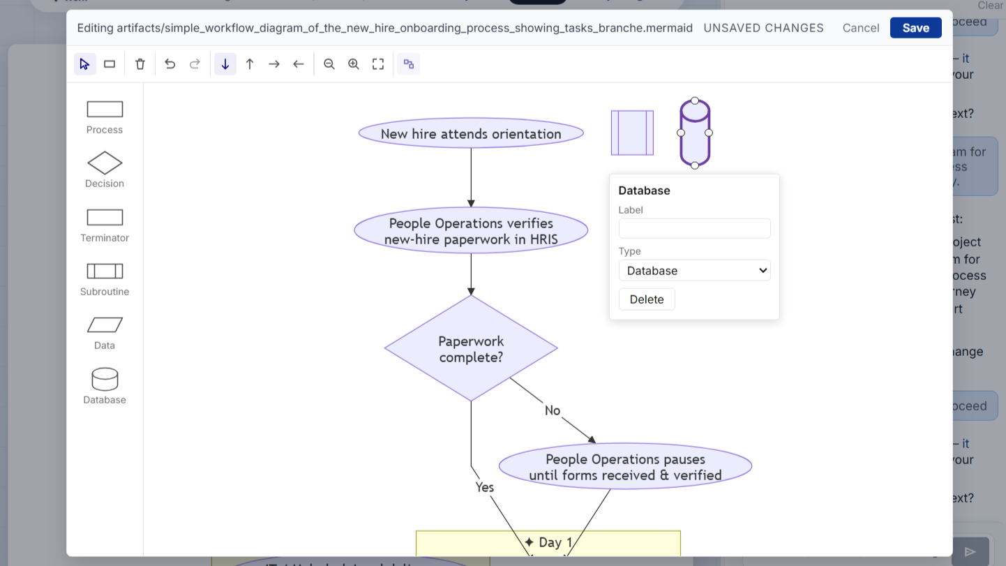 ClearWork's editable process diagram: a swimlane open in the editor, with a step selected and its source — the interview and document behind it — shown alongside