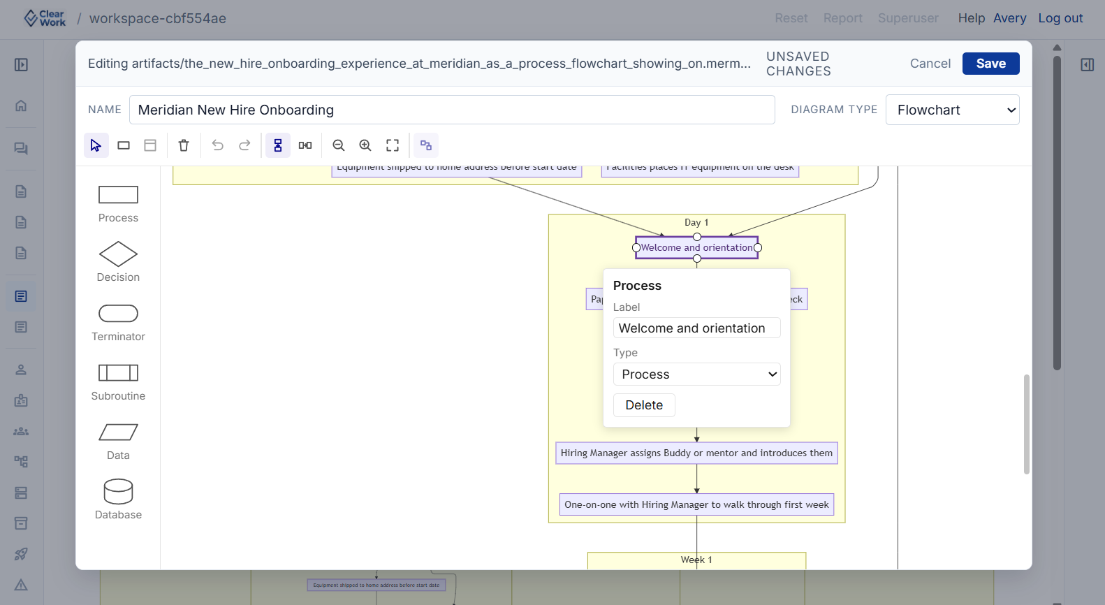 ClearWork diagram editor: a step selected with its label and type, and a shape palette for editing by hand