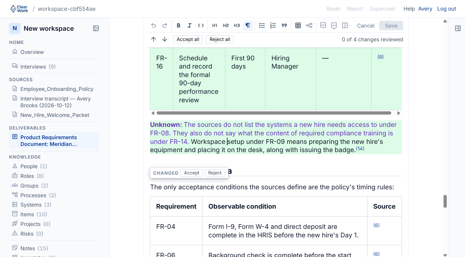 Human-in-the-loop review: proposed changes with their sources, Unknown flags, and Accept or Reject on each change