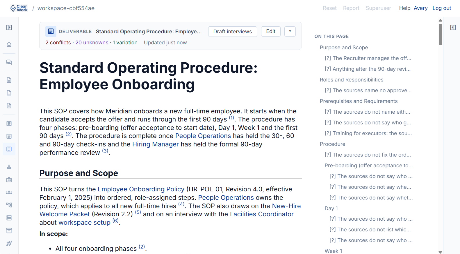 Standard operating procedure generated by ClearWork, with conflicts, unknowns and variations flagged and every line cited