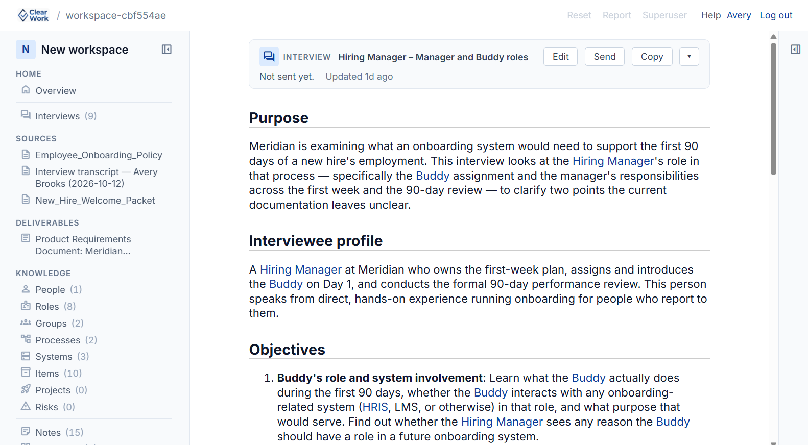 Interview brief in ClearWork: purpose, interviewee profile and objectives, ready to send
