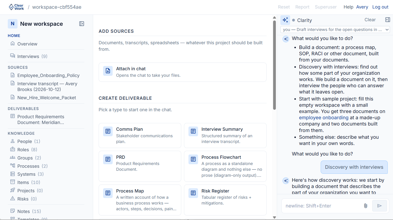 ClearWork project home: add sources, create a deliverable, and work with Clarity in chat