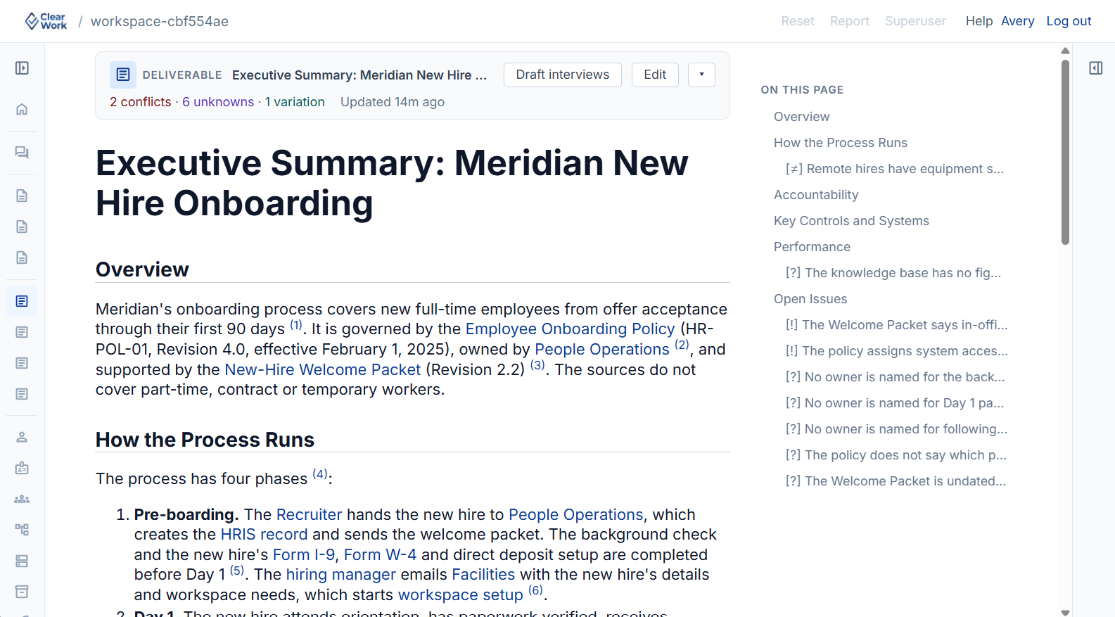 Executive summary generated by ClearWork from the validated knowledge base, with every point cited to its source