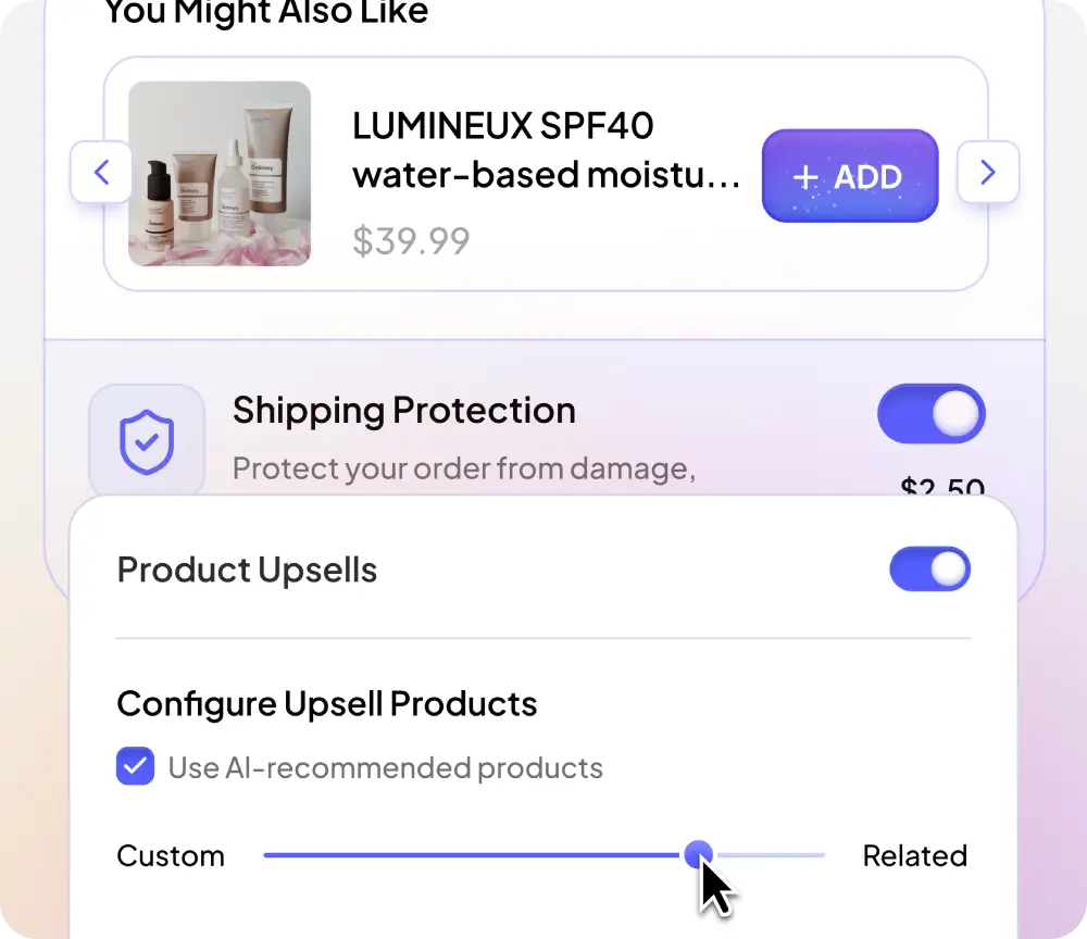 User interface showing a skincare product upsell with LUMINEUX SPF40 moisturizer priced at $39.99, shipping protection toggle enabled, and an AI-recommended upsell products slider set towards related products.