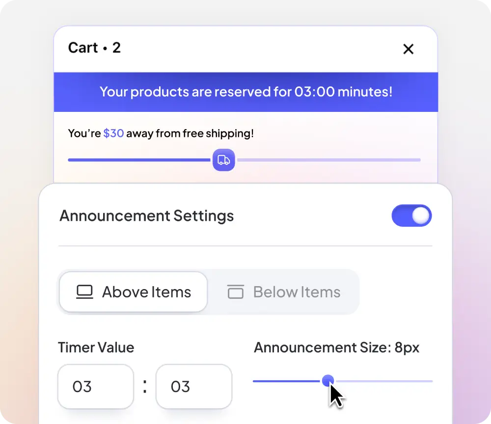 E-commerce cart interface showing 2 items, a reservation timer of 3 minutes, a notification about being $30 away from free shipping, and announcement settings with timer and size controls.