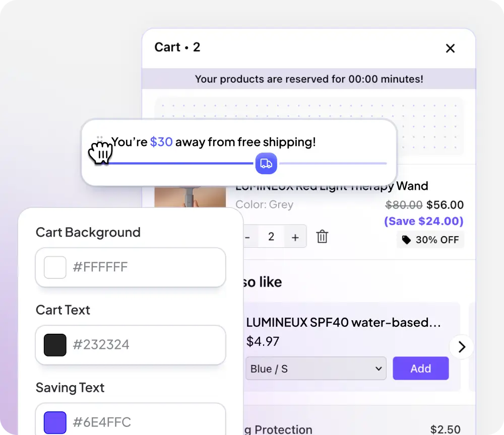 User interface showing a shopping cart with two items, a timer for product reservation, free shipping progress bar, and color settings for cart background, text, and saving text.
