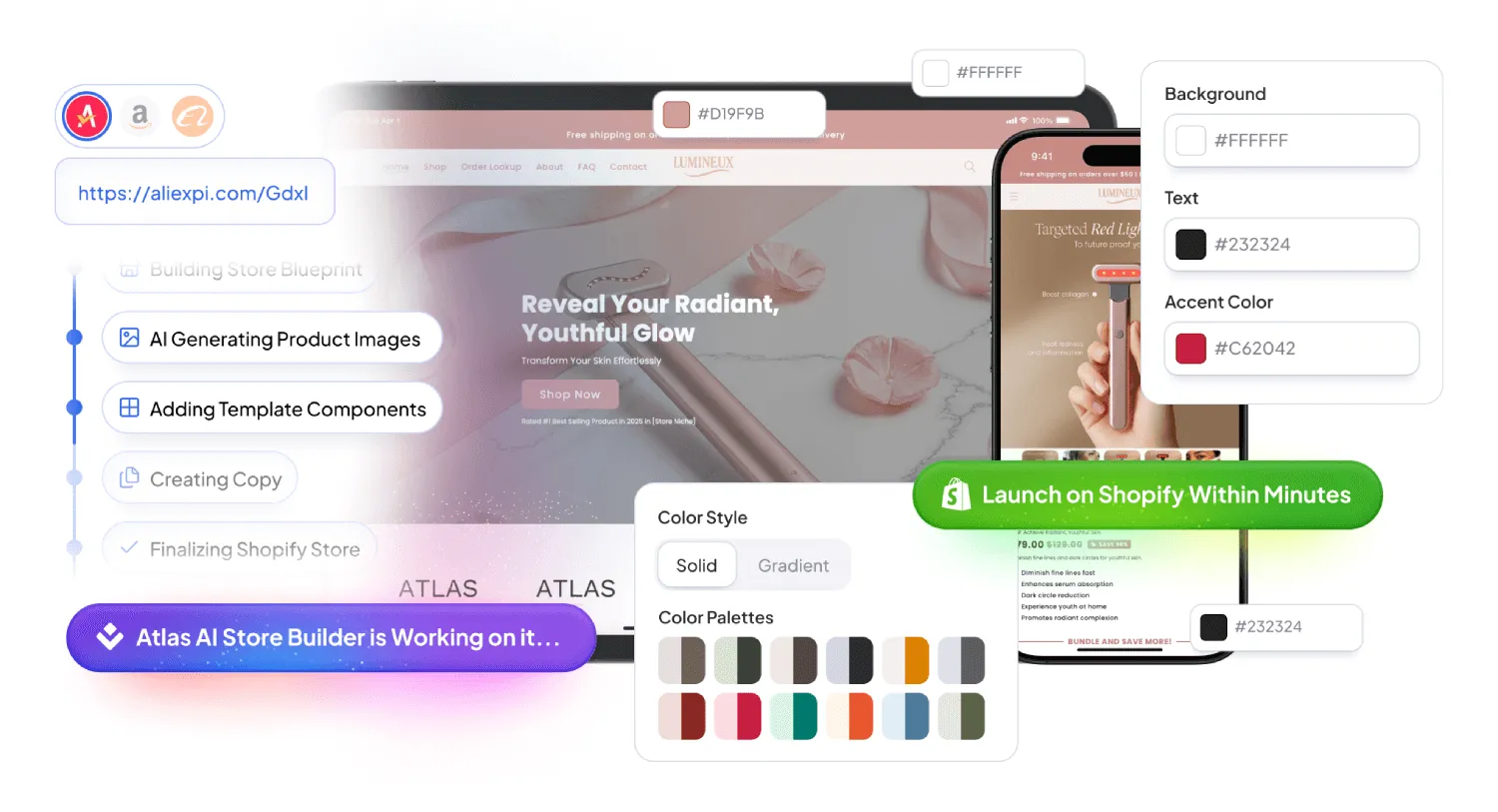 Interface showcasing AI store builder with product image generation, template components, color palettes, and Shopify launch button on tablet and mobile screens.