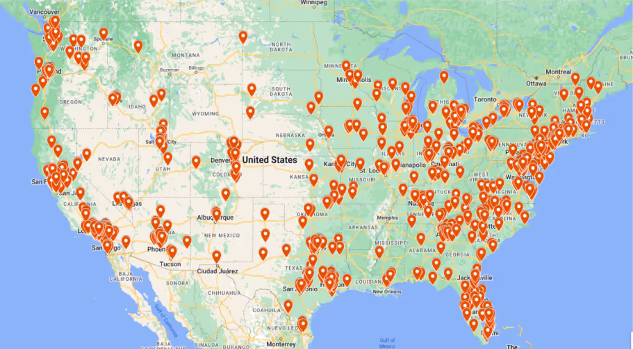 Map of the United States with drop-pins in all of the places where somebody is stepping forward to become a reading mentor or an organization has joined CLP's Literacy Database