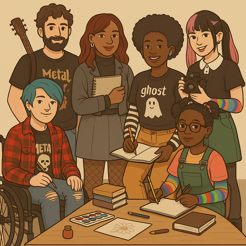A group of six diverse, alternative people. Four are standing, one is sat in a wheelchair and one is sat at a table. 