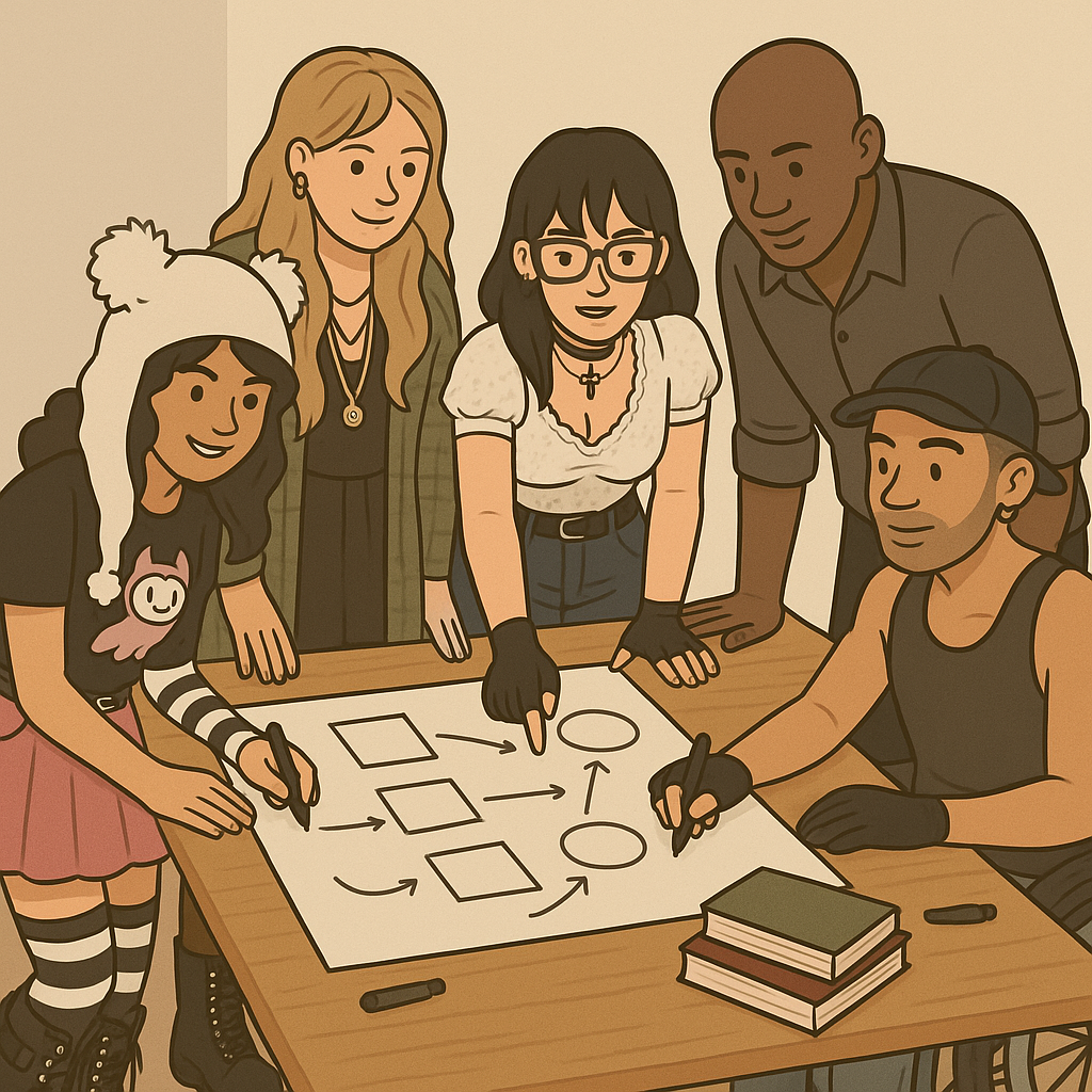 A group of 5 alternative diverse people gathered around a table working on a large sheet of paper together. Some are writing and some pointing. 