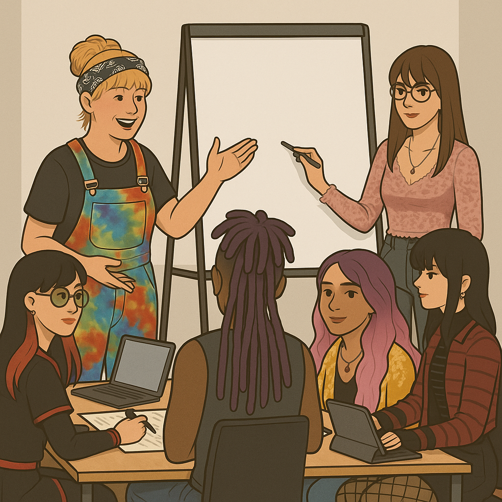 A person is standing at a flipchart, gesticulating and talking animatedly. Another woman is next to it poised to write. A group of four people are sat at a table listening. 