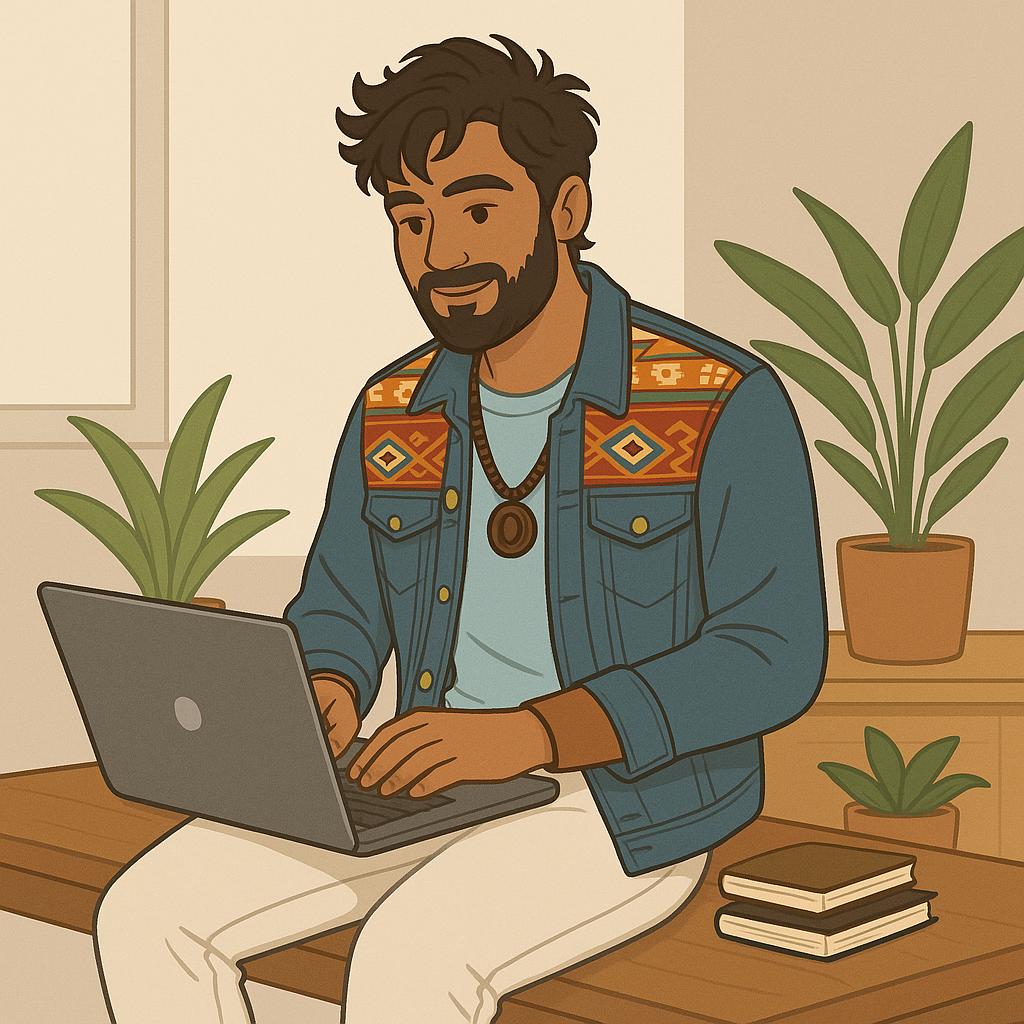 A man sitting on the edge of a desk using a laptop. 