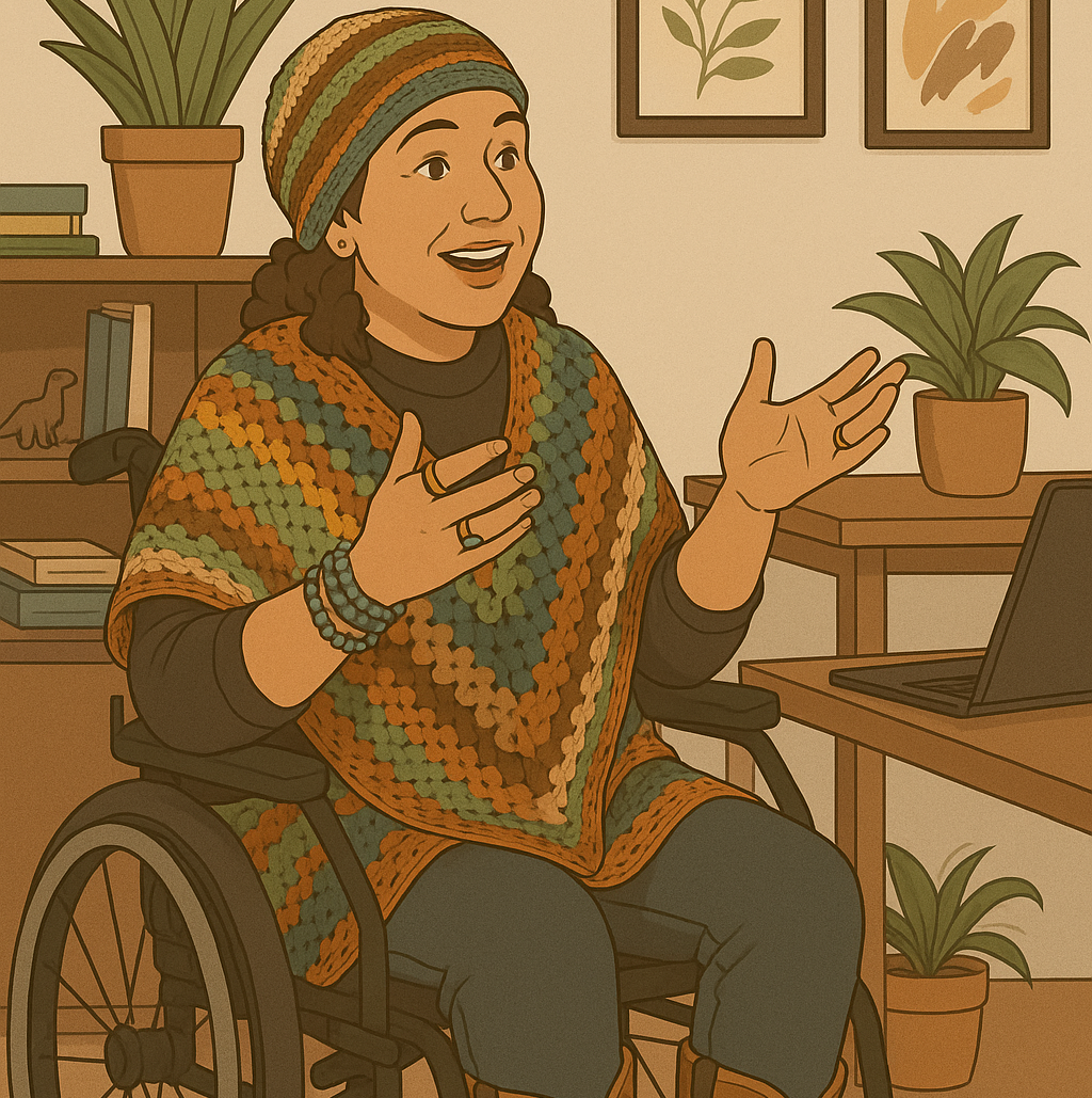 A woman wearing a crochet poncho and hat, in a wheelchair, talking with enthusiasm. 